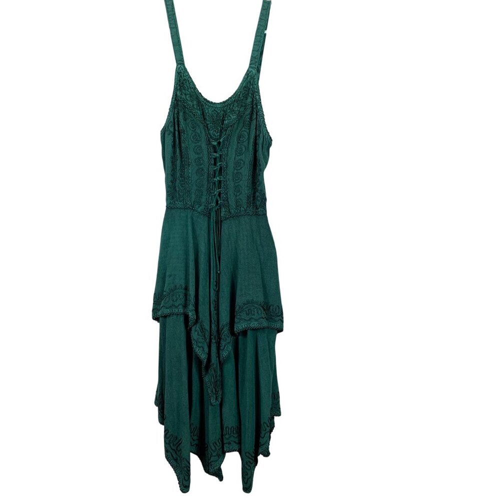 My Choice Forest Green Fairy Asymmetrical Corset Top Smocked Midi Dress - Size X